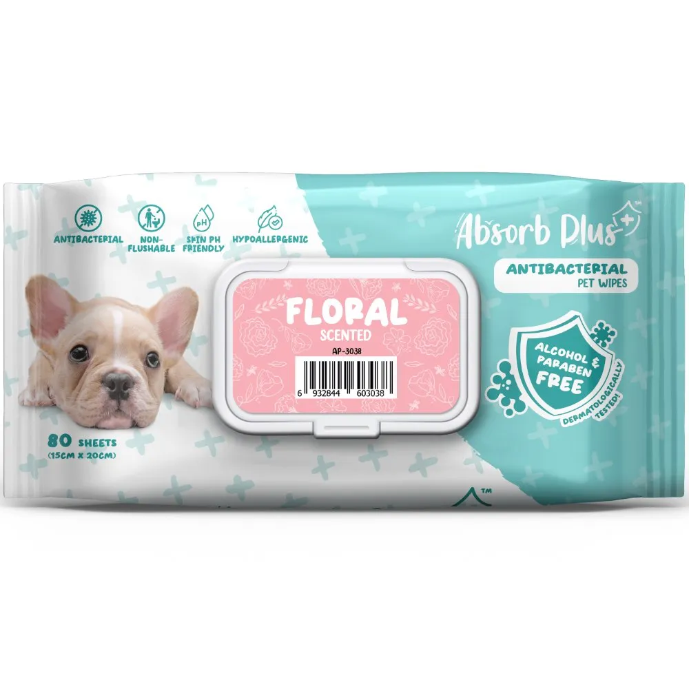 4 FOR $15: Absorb Plus Antibacterial Floral Scented Pet Wipes 80ct