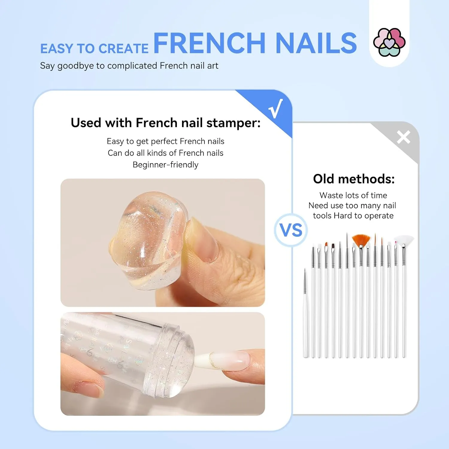 7PCS Glitter French Tip Nail Stamp Set :Nail Stamp and Silicone Stamper Head Nail Scrapers French Tip Nail Tool Kit