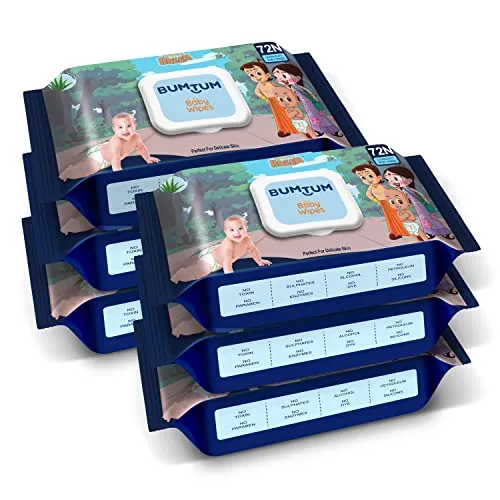 Bumtum Baby Chota Bheem Gentle Soft Moisturizing Wet Wipes With Lid | Aloe Vera & Chamomile Extracts | Paraben & Sulfate Free (Pack of 6, 72 Pcs. Per Pack)