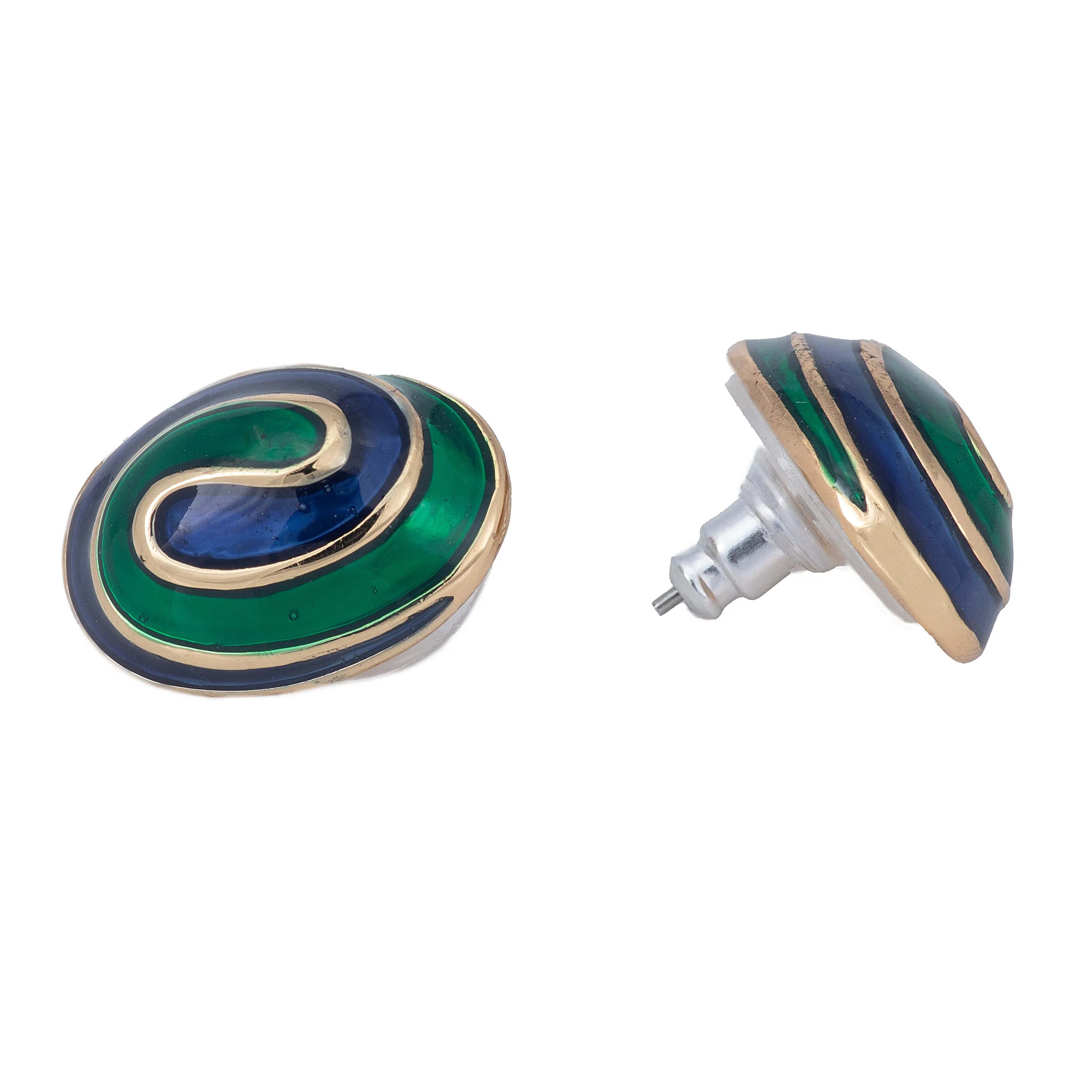 Estele Gold Plated blue green enamel swirl oval Stud Earrings for women