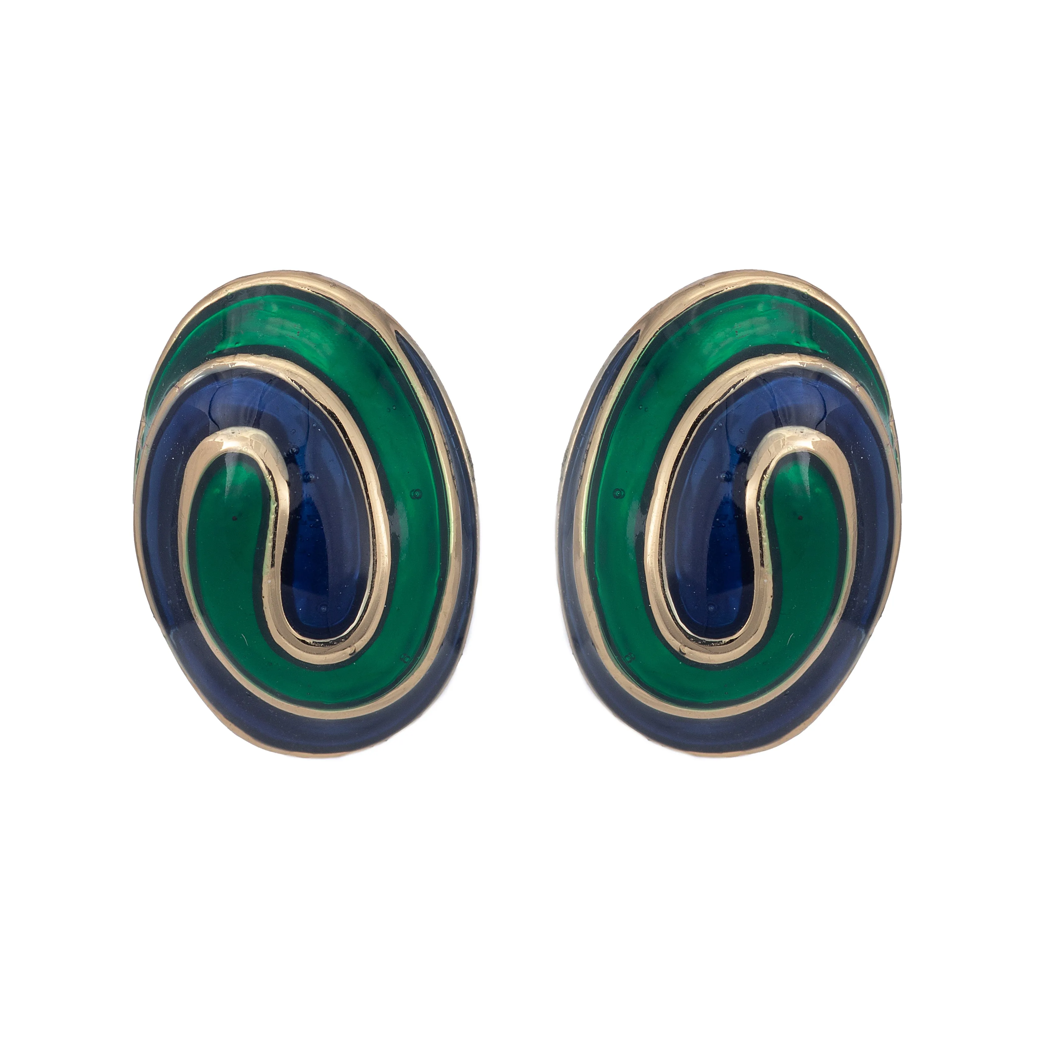 Estele Gold Plated blue green enamel swirl oval Stud Earrings for women