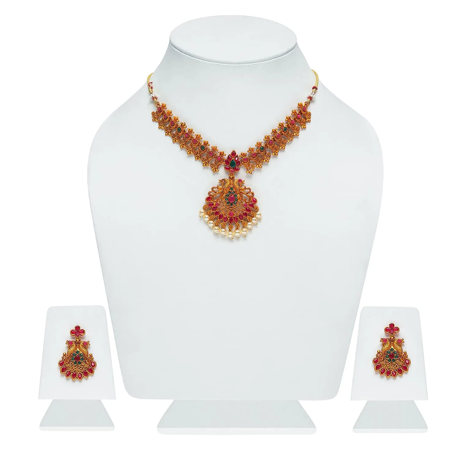 Estele Gold Plated Sublime Devotion Nakshi Antique Necklace Set with Colored Stones & Pearls for Women, Dull Gold