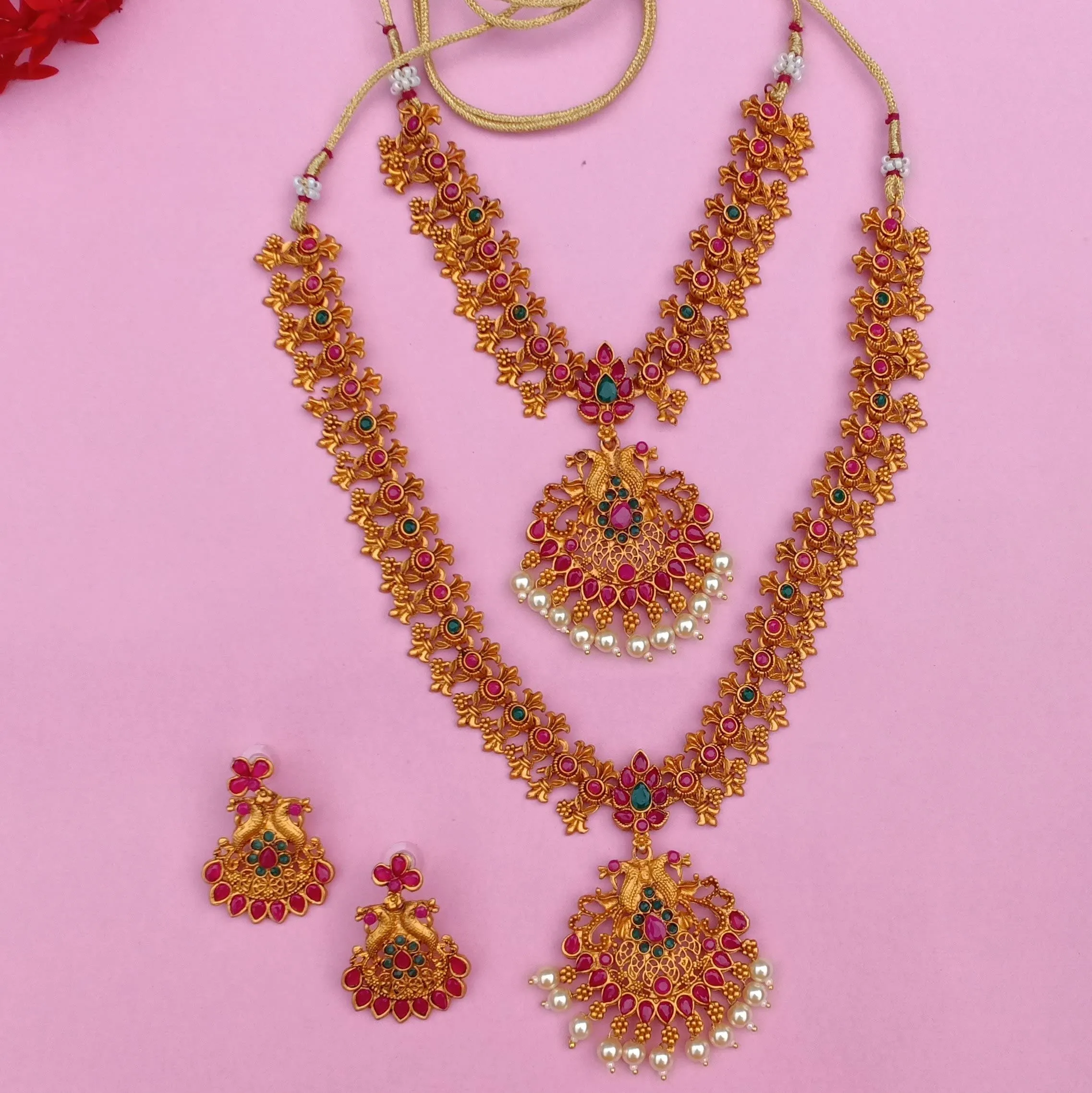 Estele Gold Plated Sublime Devotion Nakshi Antique Necklace Set with Colored Stones & Pearls for Women, Dull Gold