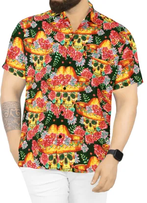 La Leela Halloween Men's Tropical Skull Floral Printed Black Shirt