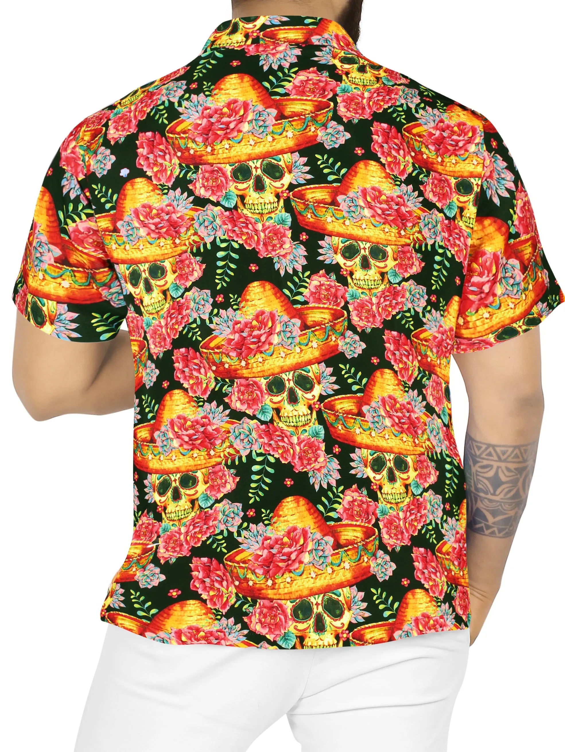 La Leela Halloween Men's Tropical Skull Floral Printed Black Shirt