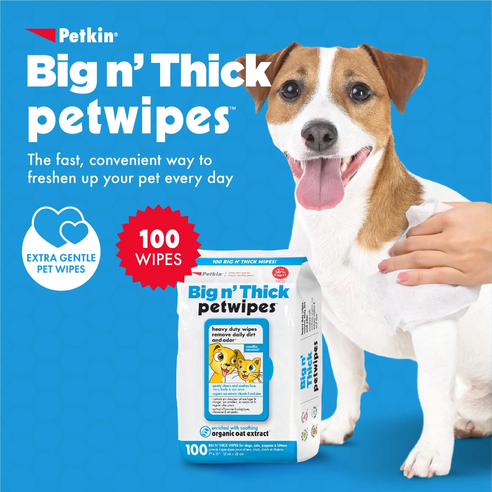 Petkin | Dog & Cat | Big 'N Thick Pet Wipes (Extra Large) - 100 Pack