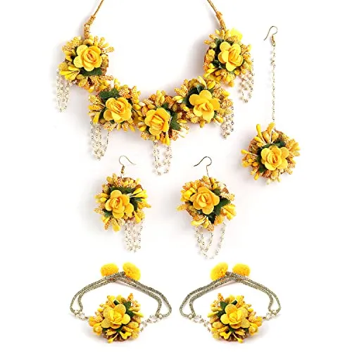 ZENEME Flower Haldi Gota Patti Necklace, Earrings, Bracelet & Maang Tikka for Women & Girls (Mehandi/Haldi/Wedding/Bridal/Baby Shower) (Design 4)