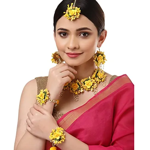 ZENEME Flower Haldi Gota Patti Necklace, Earrings, Bracelet & Maang Tikka for Women & Girls (Mehandi/Haldi/Wedding/Bridal/Baby Shower) (Design 4)